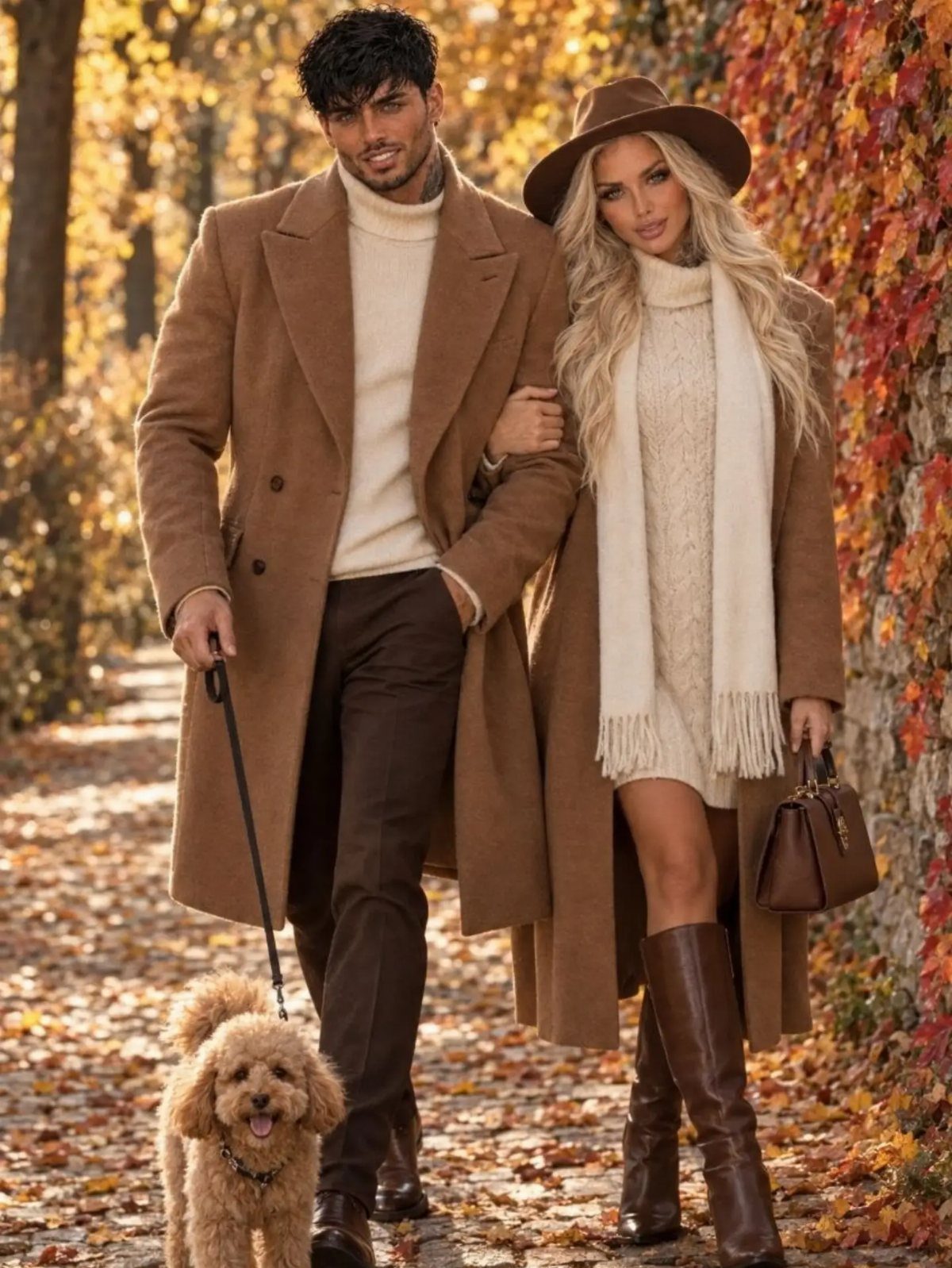 Couple in coordinated tan and cream autumn outfits posing with a small dog.