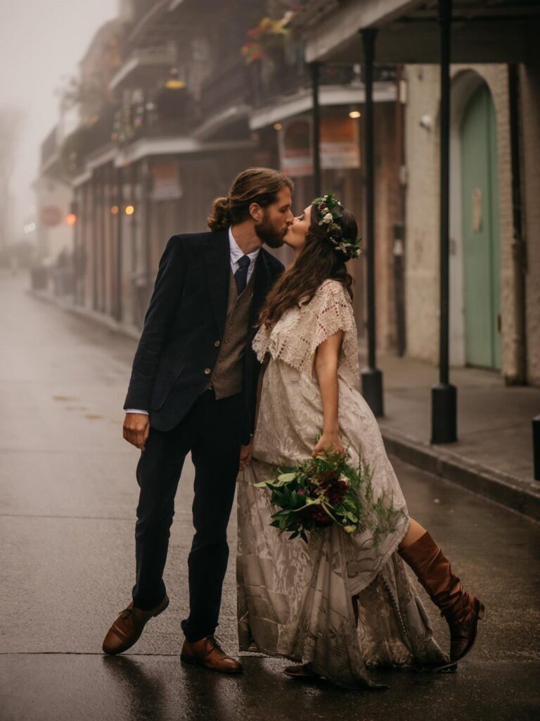 Bride and groom kissing on a foggy street with historic New Orleans architecture.