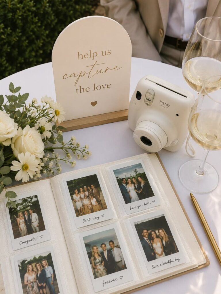 White instant camera and guestbook with photos on a wedding table with flowers.