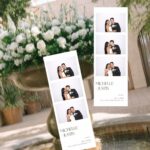 Two wedding photo booth strips with black and white couple portraits near white flowers.