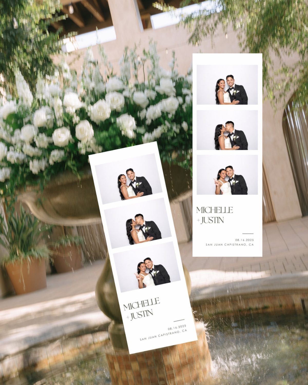 Two wedding photo booth strips with black and white couple portraits near white flowers.
