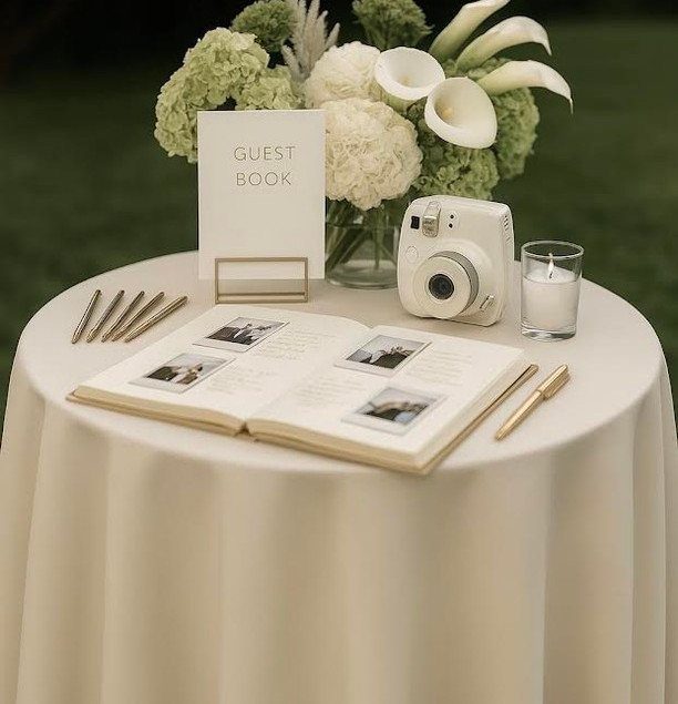 Guest book table with instant camera, photos, gold pens, and white floral arrangement.